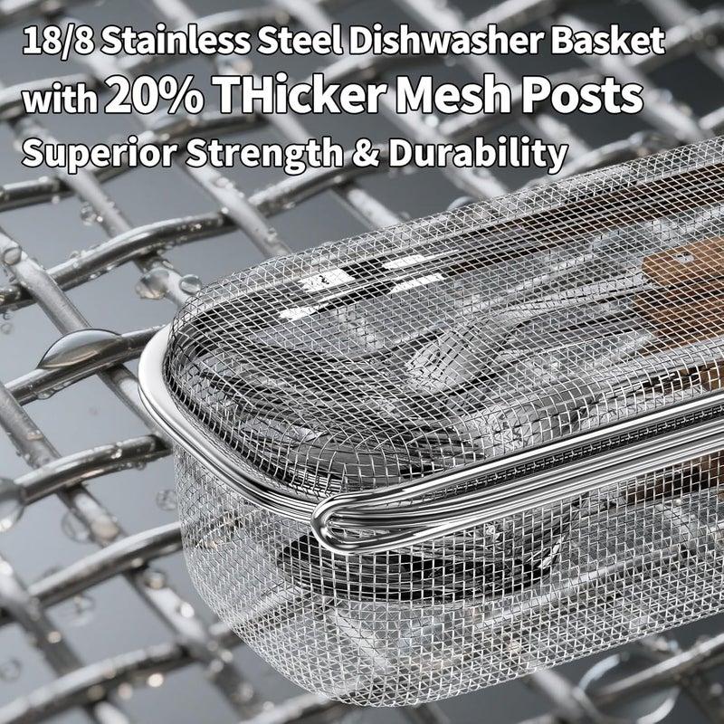 WHBDGP Dishwasher Basket,18/8 Stainless Steel Dishwasher Basket for Small Item,Replacement Fine Mesh Bottle Basket for Dishwasher for Chopstick Fruits,Scoops Cleaning (2025 Upgrade Dual-Tier Large) - Image 3